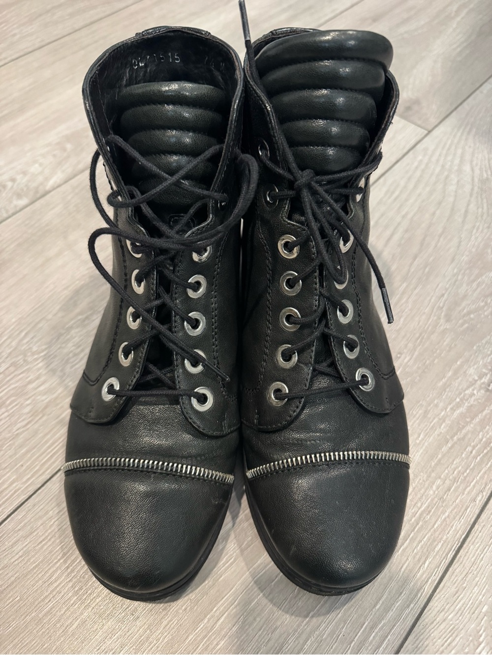 Stuart Weitzman Black Lace-Up Combat Boots with Zip Accent